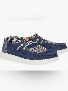 Hey Dude Wendy Denim Dark Blue Embroidered Studded Casual Slip on Shoes NWT